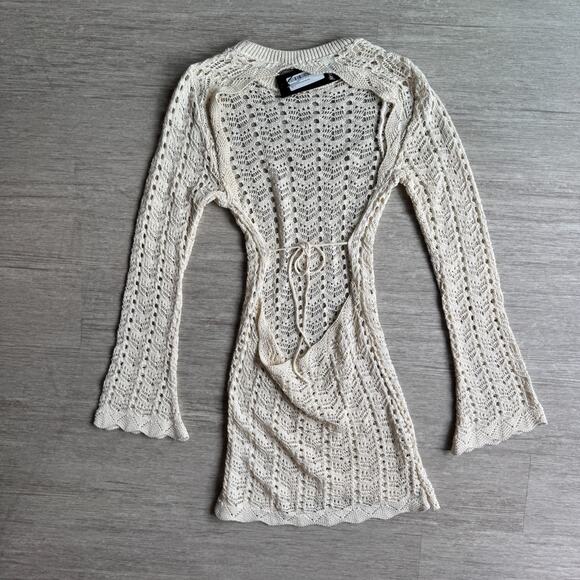 Nasty Gal Crochet Knit Mini Dress NWT US 12 Open Back Cream Long Sleeve Flared - Picture 2 of 8